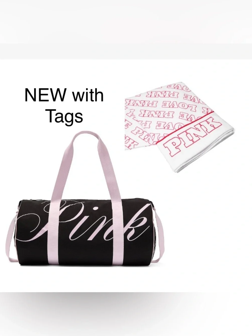 PINK Victoria's Secret Black and Light Pink Logo Duffle with Towel